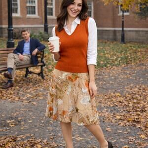 Odille Anthropologie Bird Skirt Orange Peach Indie Twee Preppy Cottage Fall